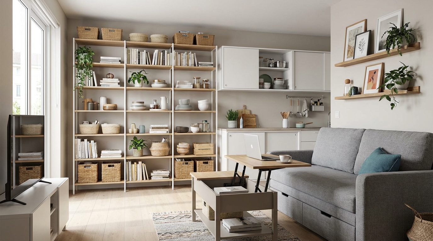 Tips for living in an apartment by using vertical storage and multi-functional furniture to keep small spaces organized and open.
