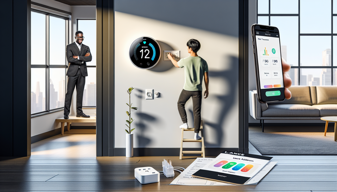 Renter installs smart thermostat; landlord approves, smartphone displays energy report.