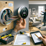 Renter installing smart thermostat with labeled wires, permission letter, and move-out checklist.