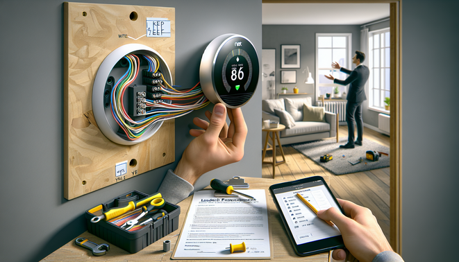 Renter installing smart thermostat with labeled wires, permission letter, and move-out checklist.