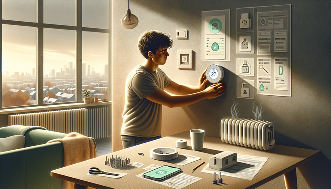 Tenant installing renter-friendly smart thermostat with app and original backplate nearby.