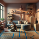 Renter marking small living room layout with painter's tape, testing traffic flow in small apartment living room