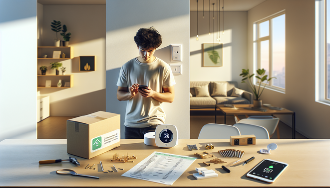 Renter installing a smart thermostat with phone app, adapter kit, and landlord approval paper.